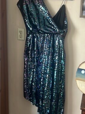 ASOS Iridescent Black Sequin Asymmetrical Slip Dress